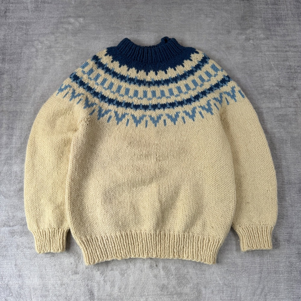 Vintage Handknit Sweater Womens Medium Cream Nordic Islandic Fair Isle Wool Ski
